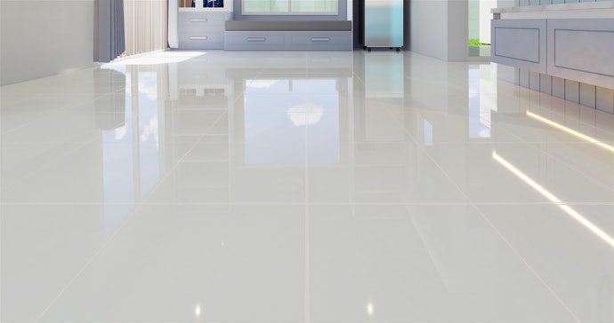 Lantai Ruang Tamu dengan Granit Warna Dasar Putih